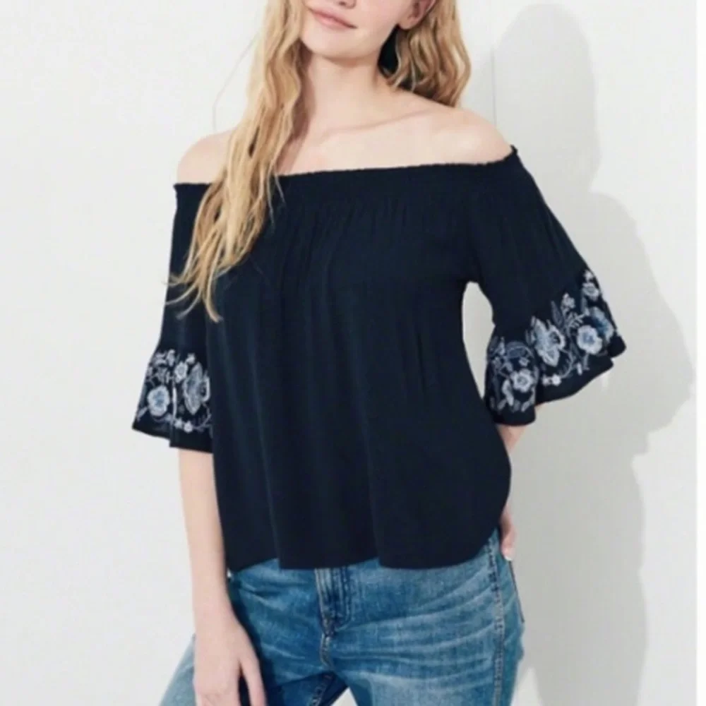 Hollister Navy Floral Embroidered Smocked Off the Shoulder Bell Sleeve Top - Picture 2 of 10